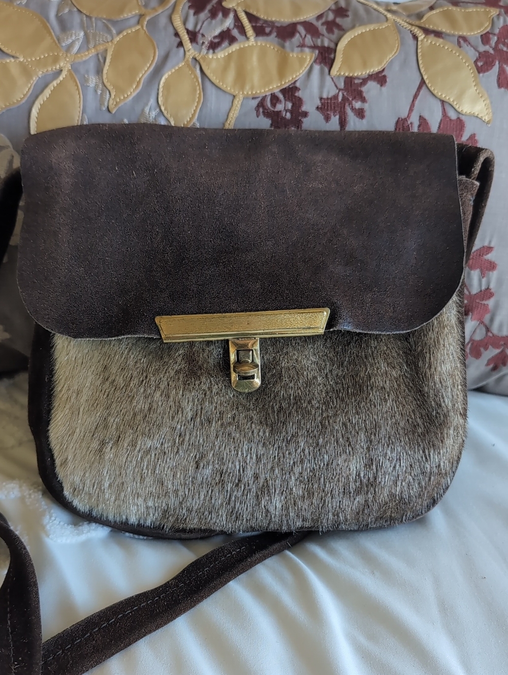 60's Vintage Brown  Suede- Hair On Hide Brass Turn Lock Hip Crossbody Bag